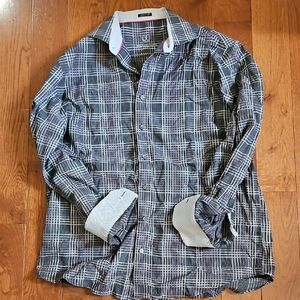 Bugatchi Uomo Mens Dress Shirt Shaped Fit Flip Cuffs Black/grey